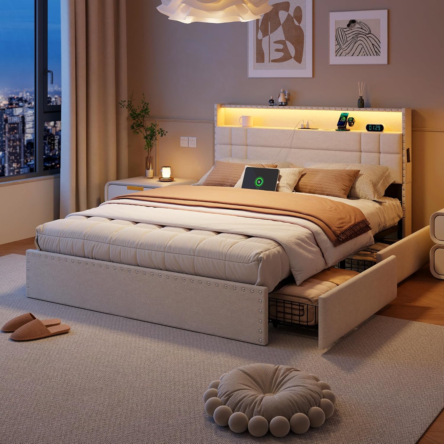 Forestell Full Size Bed Frame with 4 Drawers and Storage Headboard, Upholstered Platform Bed Frame Full Size with LED Lights and Charging Station, Metal Slats Support, No Box Spring Needed, Beige