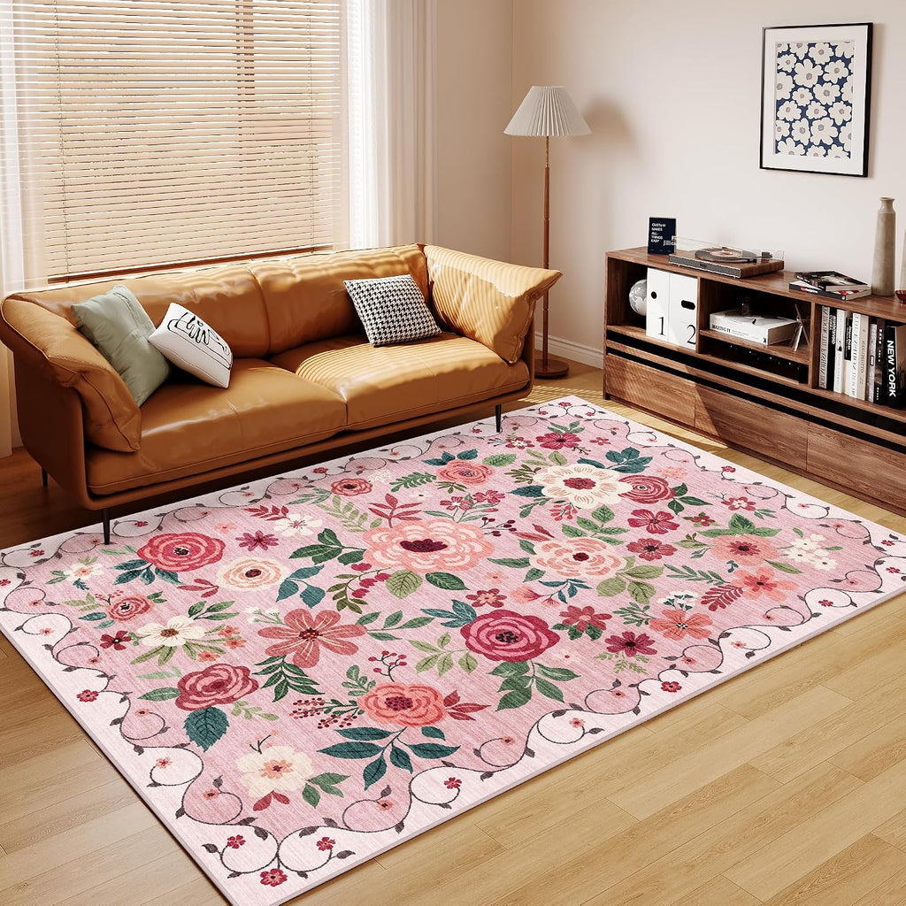 DUKINO 9x12 Area Rug, Floral Rugs for Living Room, Lightweight Non Slip Washable Rug, Indoor Low Pile & Non-Shedding Boho Design Rugs for Bedroom, Living Room, Dining Room, Pink