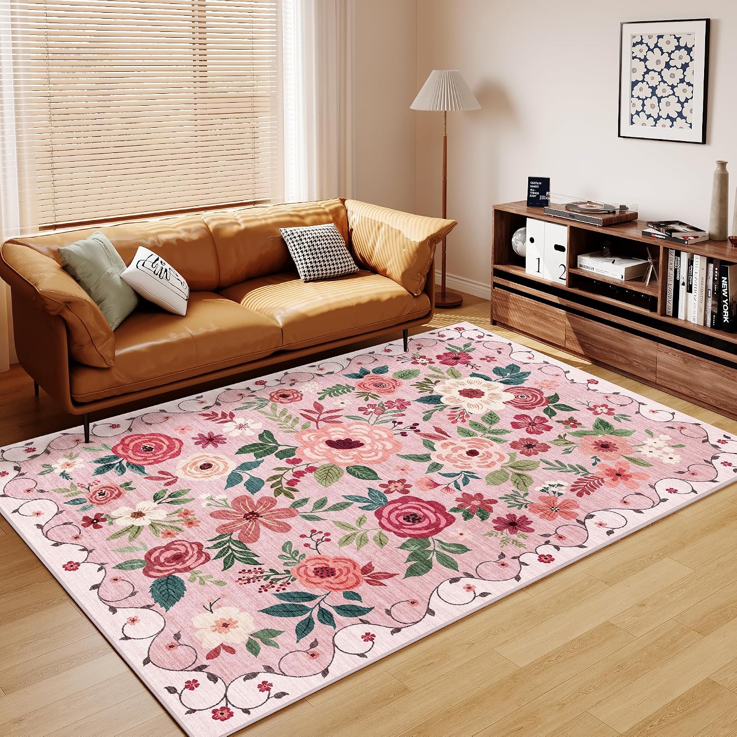 DUKINO 9x12 Area Rug, Floral Rugs for Living Room, Lightweight Non Slip Washable Rug, Indoor Low Pile & Non-Shedding Boho Design Rugs for Bedroom, Living Room, Dining Room, Pink