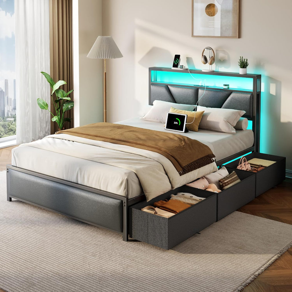 OURPIC Full Size Bed Frame, 2-Tier Storage Headboard & 6 Fabric Drawers, PU Leather Upholstered Platform Bed Frame Full with Charging Station and LED Lights, No Box Spring Needed, Noise Free