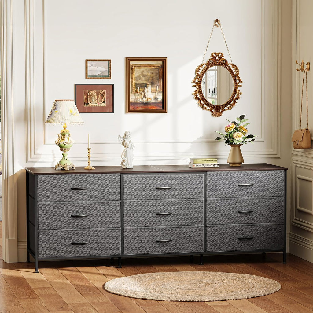 Huuger 63 Inch Dresser for Bedroom, Dresser for Closet with 9 Fabric Drawers, Large TV Stand for 55, 65, 70 Inch TV, Entertainment Center with Storage, Wide Long Chest of Drawers, Walnut and Dark Grey