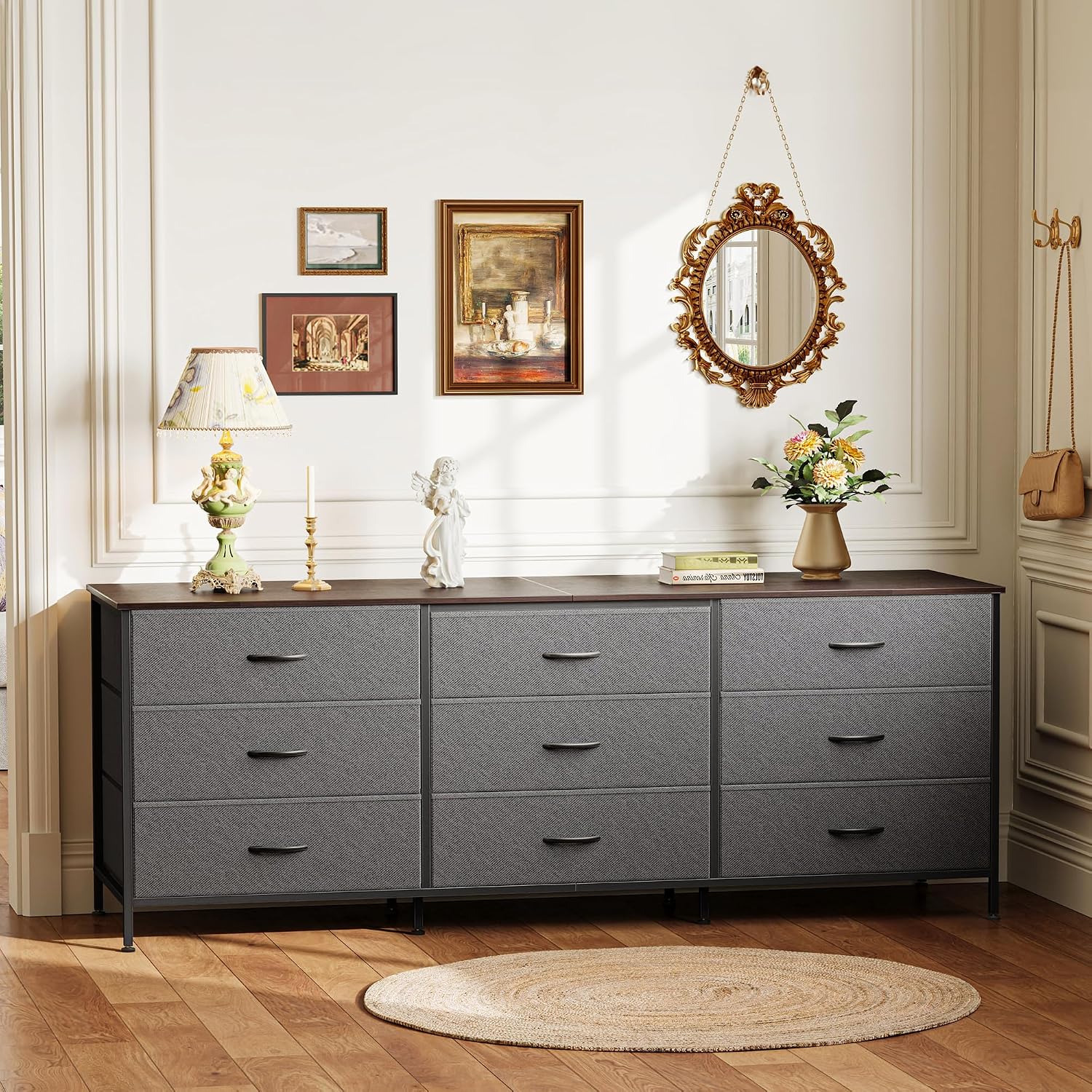 Huuger 63 Inch Dresser for Bedroom, Dresser for Closet with 9 Fabric Drawers, Large TV Stand for 55, 65, 70 Inch TV, Entertainment Center with Storage, Wide Long Chest of Drawers, Walnut and Dark Grey