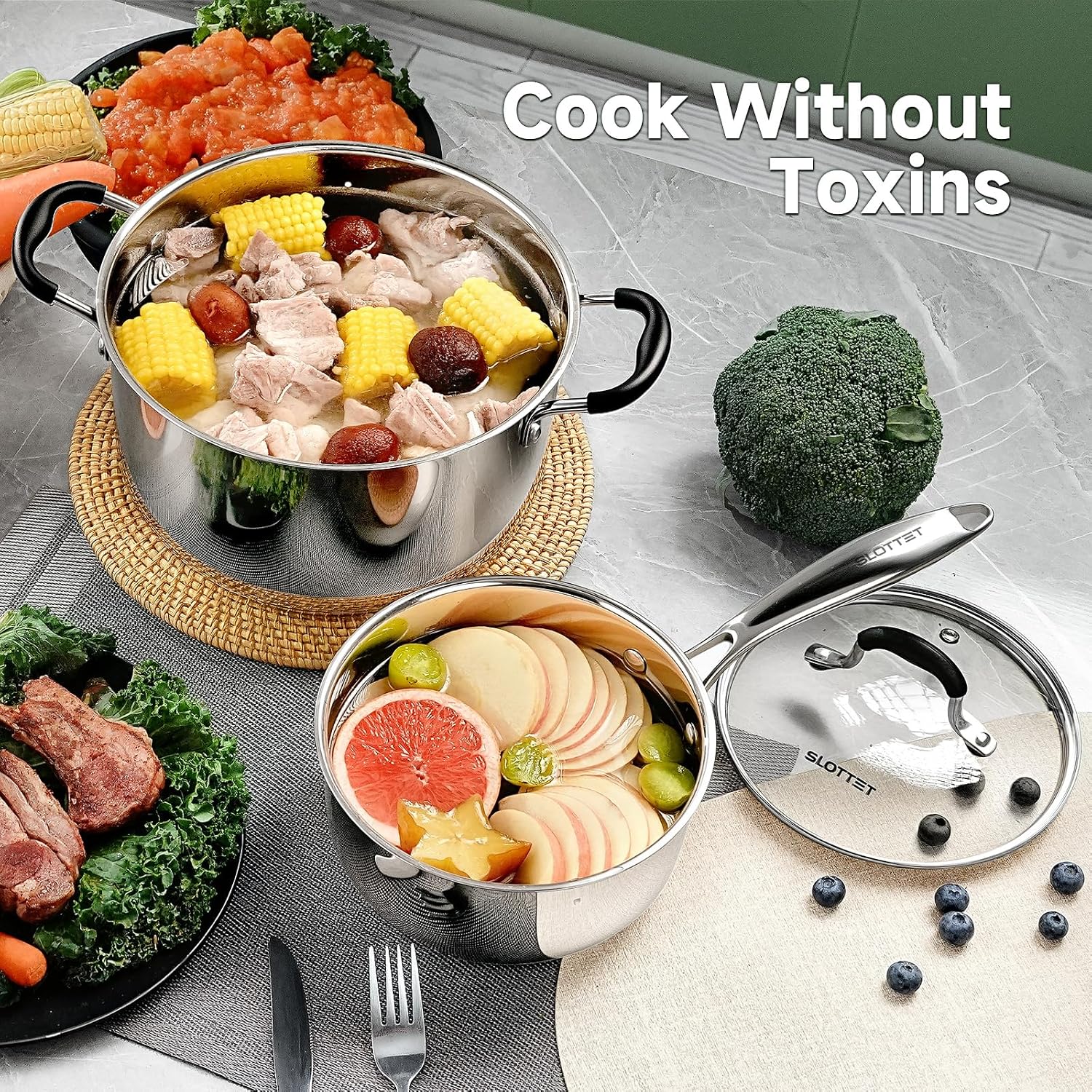 SLOTTET Stainless Steel Kitchen Cookware Set,11 Piece Pots and Pans Set with Steamer,Heat-resistant Handle,Non-Toxic,Induction,Oven,Dishwasher Safe