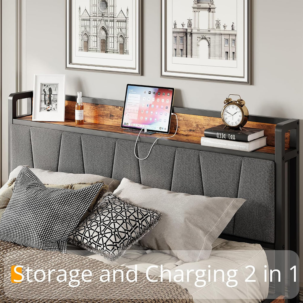 LIKIMIO King Bed Frame with 4 Storage Drawers, Platform Bed with Charged Headboard, Sturdy and Stable, No Noise, No Box Spring Needed, Easy to Install, Vintage Brown and Gray