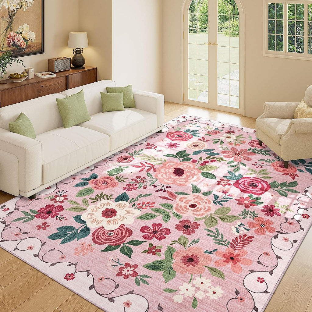 DUKINO 8x10 Area Rug, Floral Rugs for Living Room, Lightweight Non Slip Washable Rug, Indoor Low Pile & Non-Shedding Boho Design Rugs for Bedroom, Living Room, Dining Room, Pink