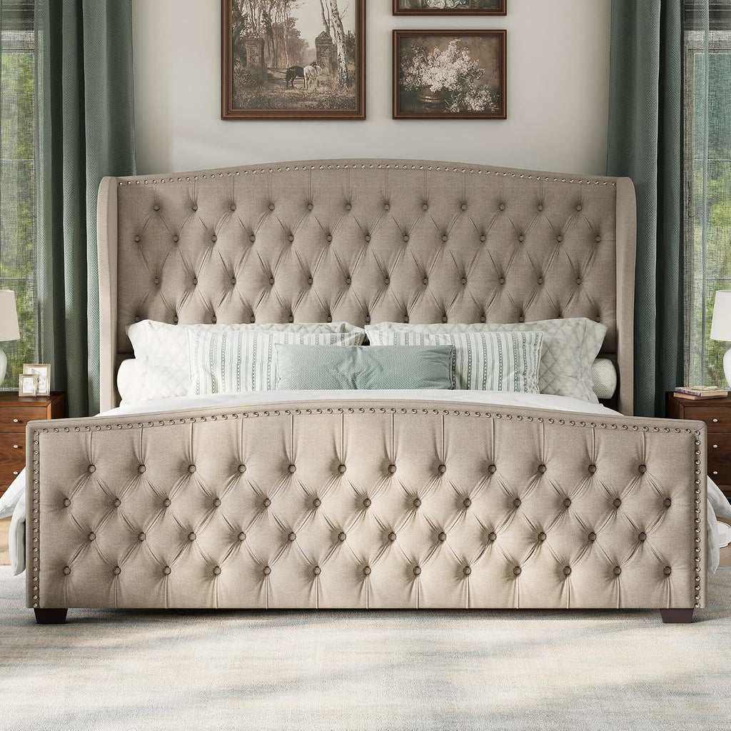 AMERLIFE Queen Size Platform Bed Frame, Linen Upholstered Bed with Deep Button Tufted & Nailhead Trim Wingback Headboard/No Box Spring Needed/Beige