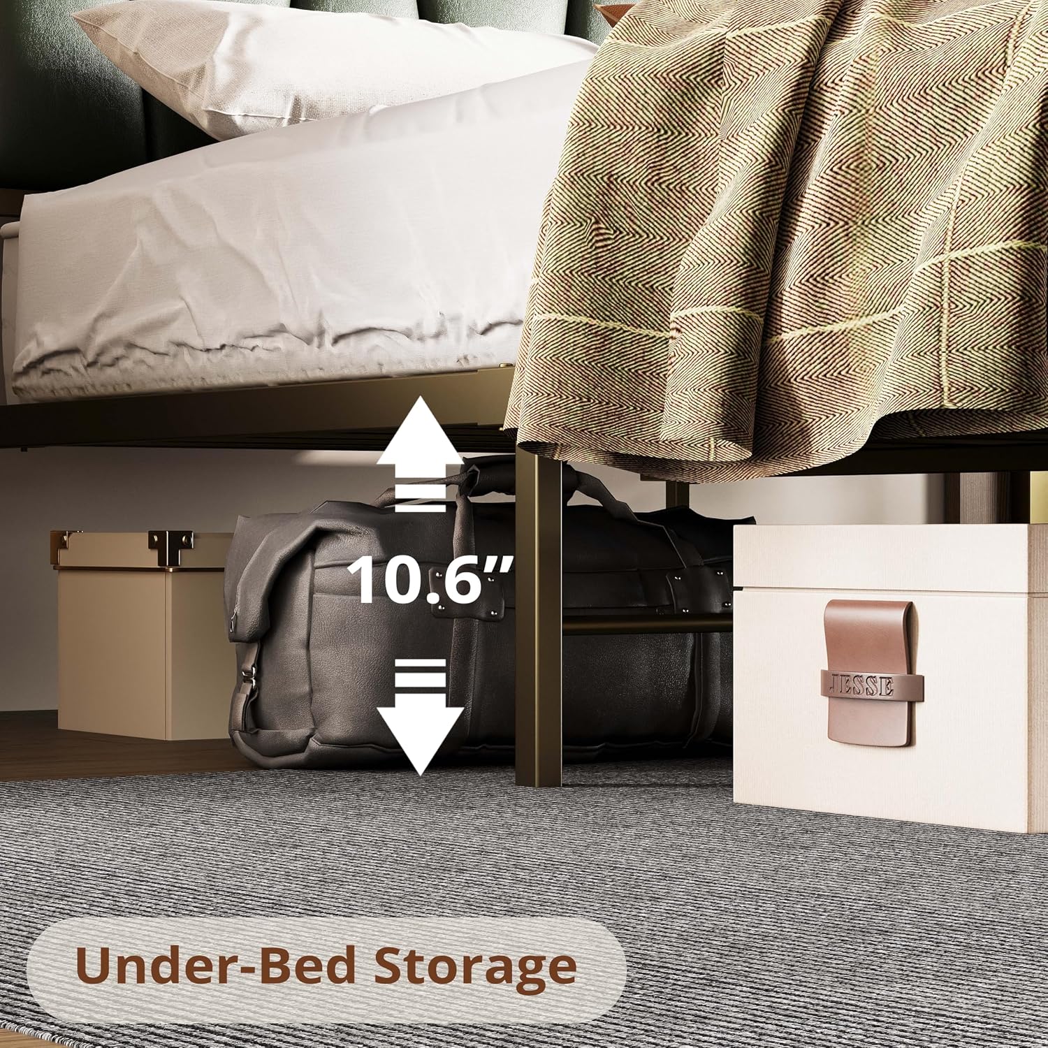 LIKIMIO Queen Bed Frame, Storage Headboard with Charging Station, Platform Bed with Drawers, No Box Spring Needed, Easy Assembly, Dark Green
