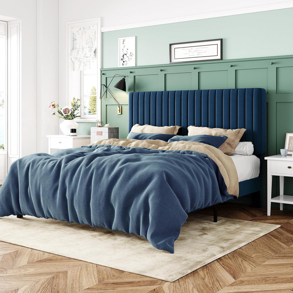 Allewie Queen Bed Frame, Velvet Upholstered Platform Bed with Adjustable Vertical Channel Tufted Headboard, Mattress Foundation with Strong Wooden Slats, Box Spring Optional, Easy Assembly, Navy Blue
