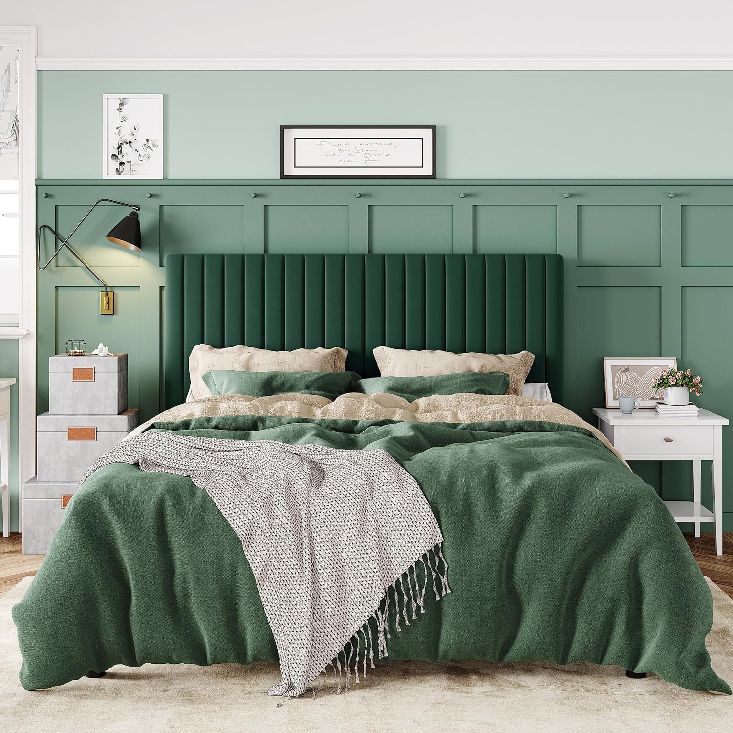 Allewie Queen Bed Frame, Velvet Upholstered Platform Bed with Adjustable Vertical Channel Tufted Headboard, Mattress Foundation with Strong Wooden Slats, Box Spring Optional, Easy Assembly, Green