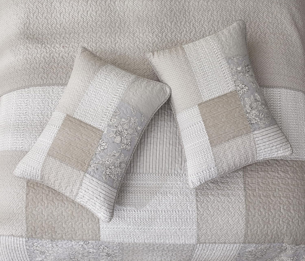 Chezmoi Collection Quinn 3-Piece Neutral Taupe Gray White Floral Hibiscus Flower Candy Stripe Patchwork Quilt Set - Pre-Washed Cotton Coverlet - Lightweight Reversible Bedspread, Super King Size