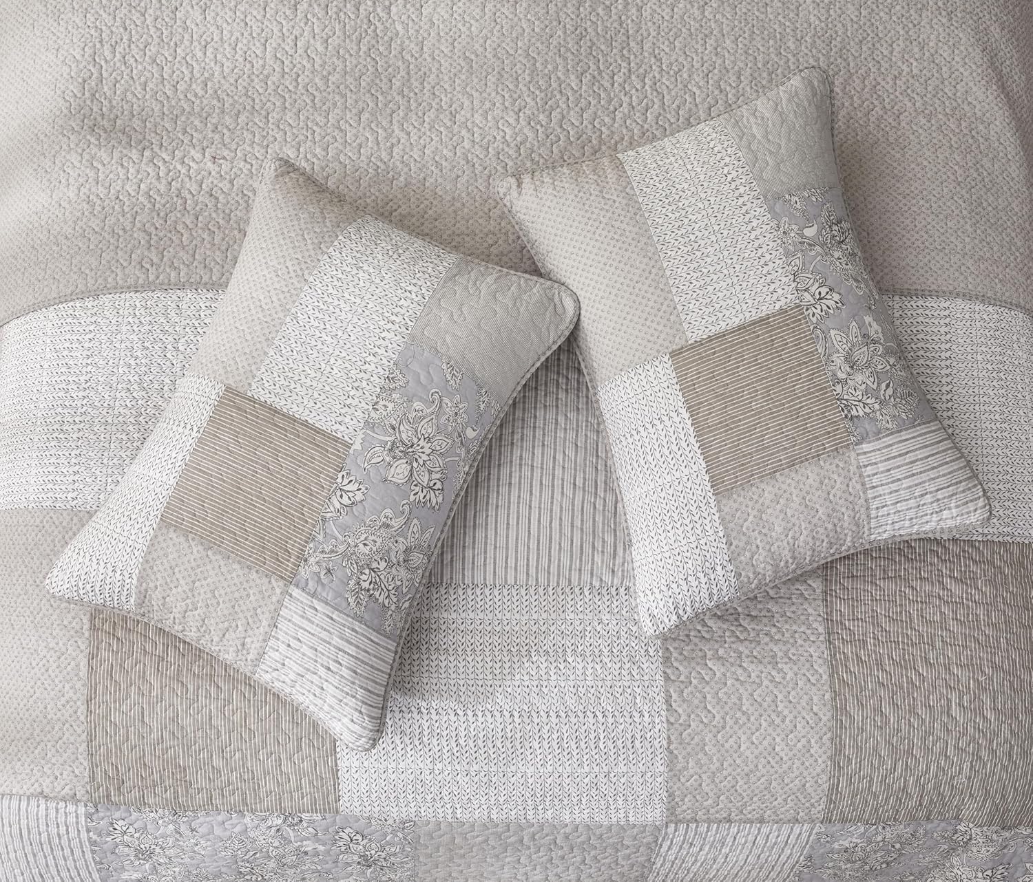 Chezmoi Collection Quinn 3-Piece Neutral Taupe Gray White Floral Hibiscus Flower Candy Stripe Patchwork Quilt Set - Pre-Washed Cotton Coverlet - Lightweight Reversible Bedspread, Super King Size