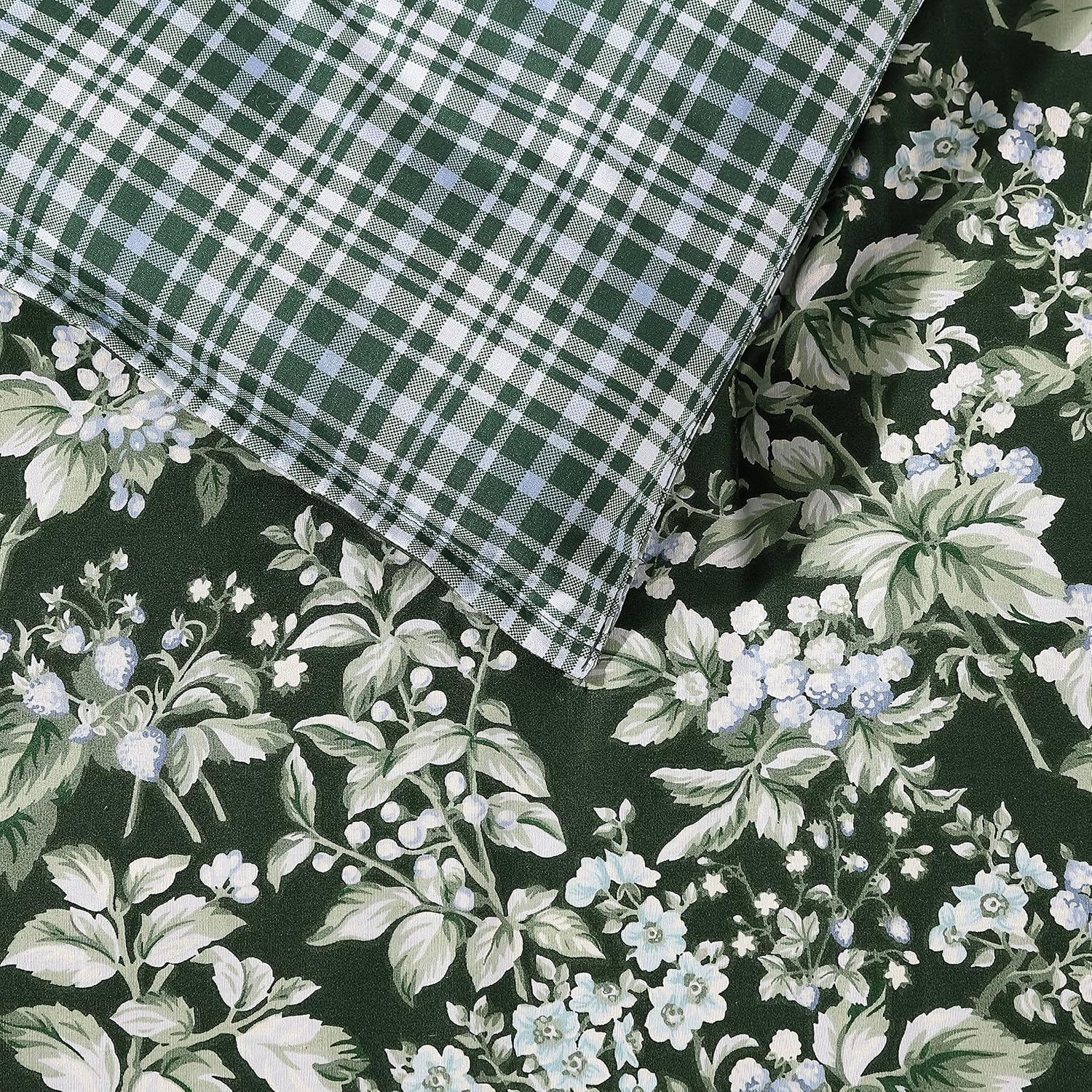 Laura Ashley - King Comforter Set, Soft & Reversible Cotton Bedding, Medium Weight 7 Piece Bed Set with Matching Pillowcases, Euro Shams & Bonus Throw Pillow Covers (Bramble Floral Green)