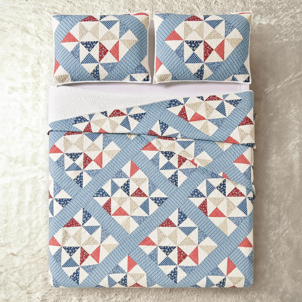 Modern Heirloom Americana Heartland Quilt Set, Full/Queen | Pieced Sashing with Printed Star & Pinwheel Blocks| Red, White, and Blue| Cotton Face and Fill| 3-Piece