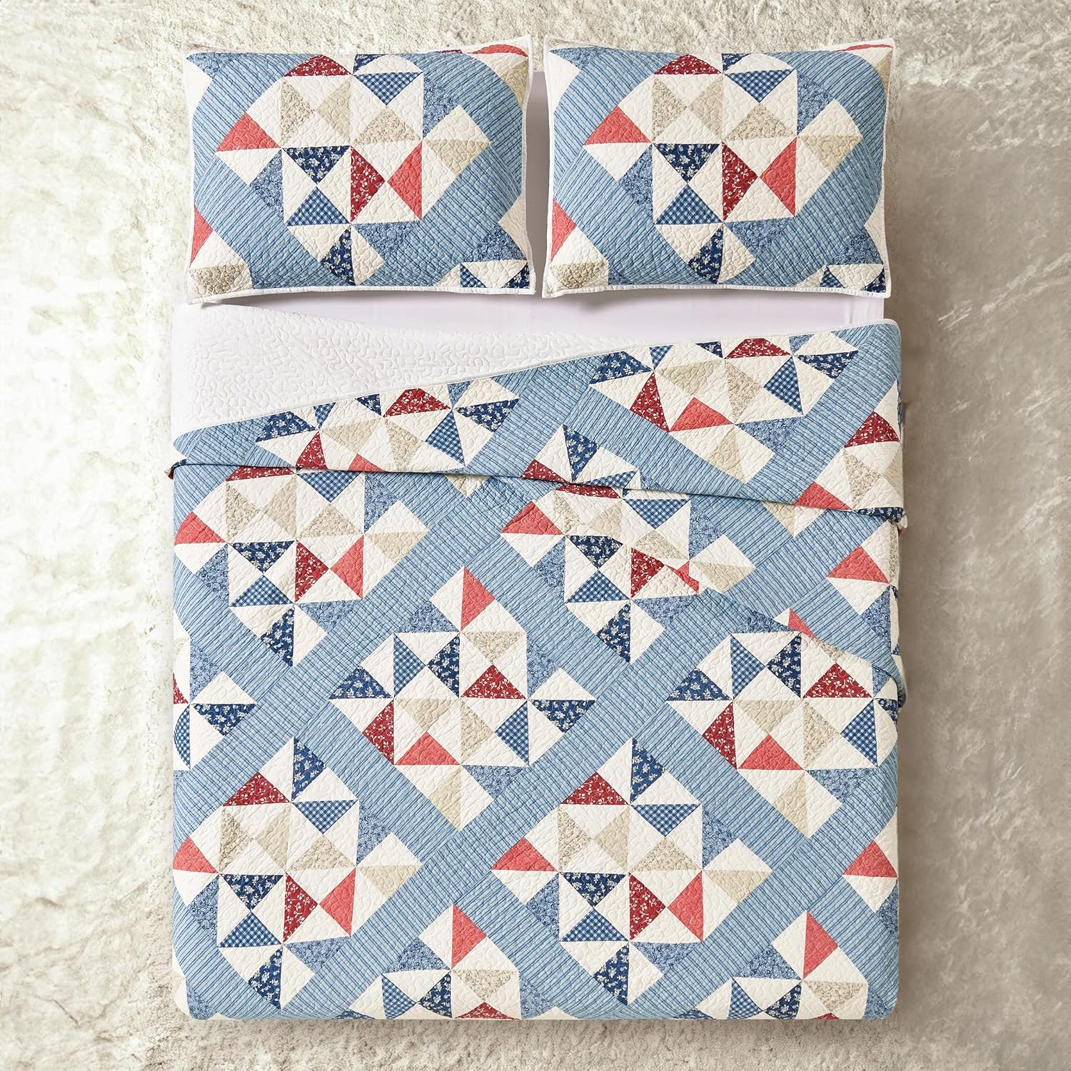 Modern Heirloom Americana Heartland Quilt Set, Full/Queen | Pieced Sashing with Printed Star & Pinwheel Blocks| Red, White, and Blue| Cotton Face and Fill| 3-Piece