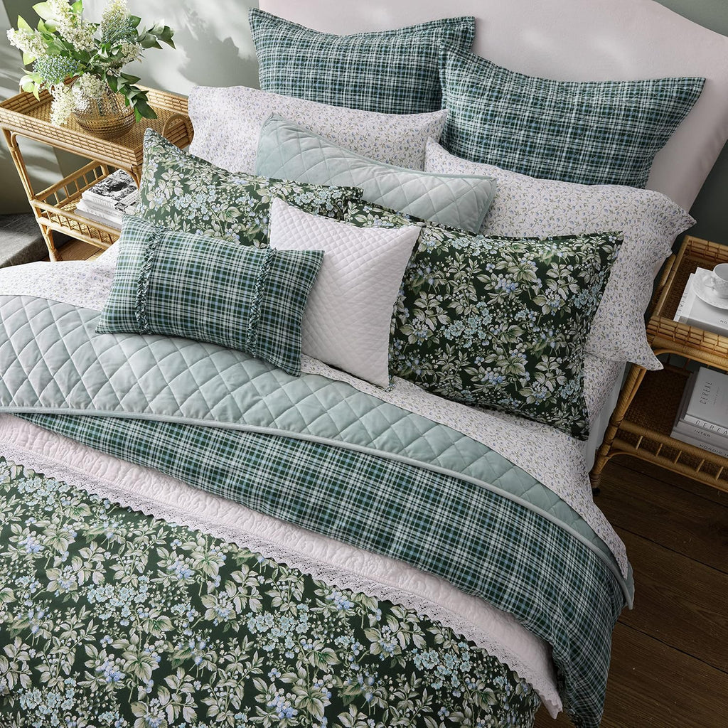 Laura Ashley - King Comforter Set, Soft & Reversible Cotton Bedding, Medium Weight 7 Piece Bed Set with Matching Pillowcases, Euro Shams & Bonus Throw Pillow Covers (Bramble Floral Green)