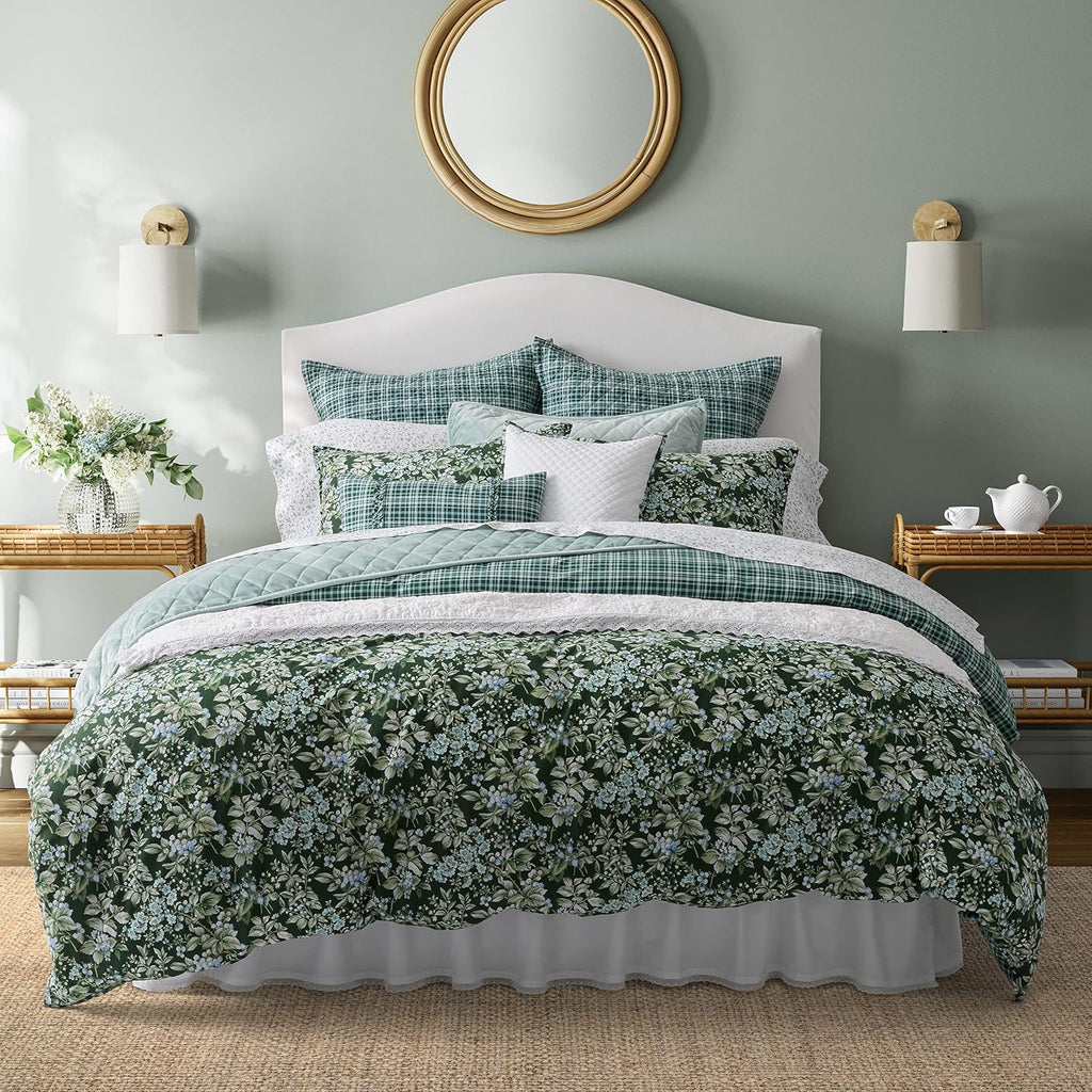 Laura Ashley - King Comforter Set, Soft & Reversible Cotton Bedding, Medium Weight 7 Piece Bed Set with Matching Pillowcases, Euro Shams & Bonus Throw Pillow Covers (Bramble Floral Green)