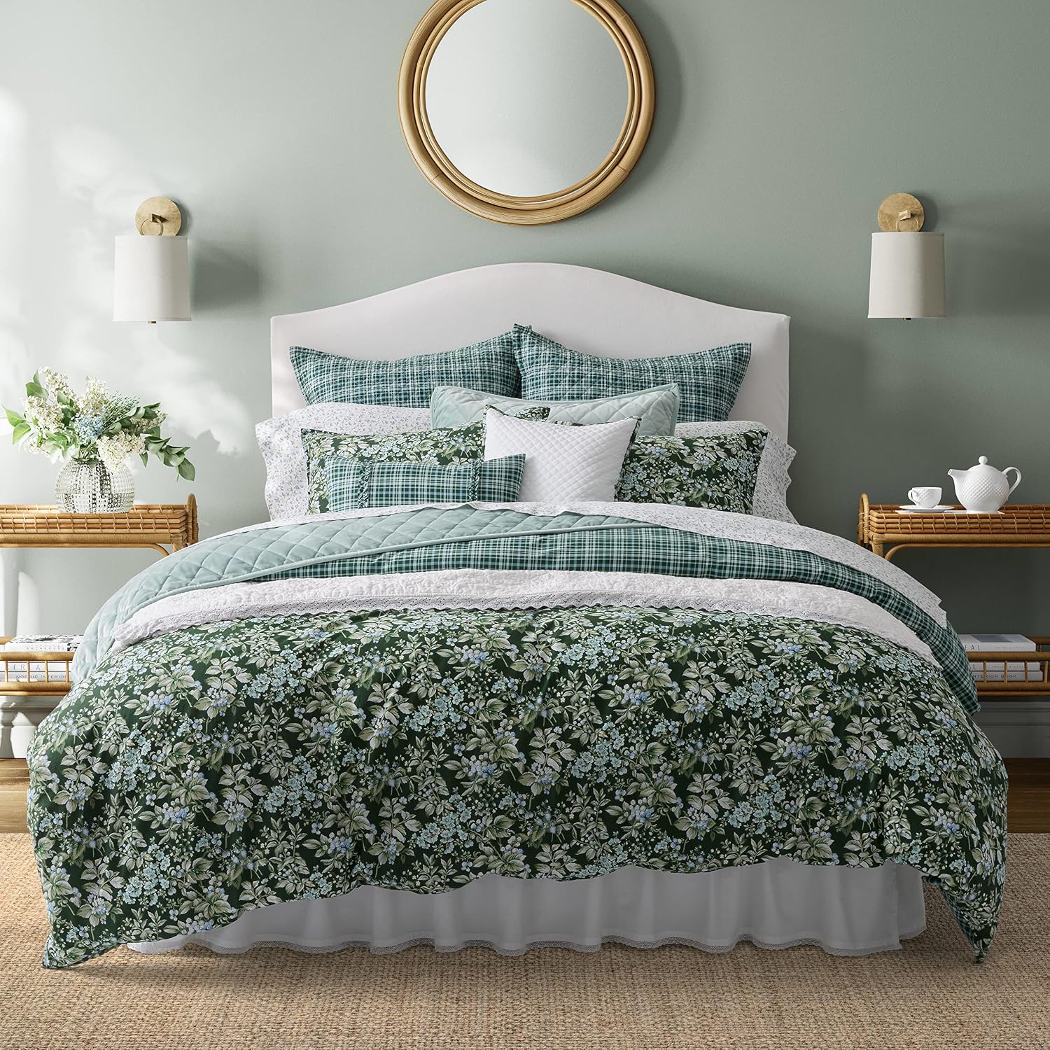 Laura Ashley - King Comforter Set, Soft & Reversible Cotton Bedding, Medium Weight 7 Piece Bed Set with Matching Pillowcases, Euro Shams & Bonus Throw Pillow Covers (Bramble Floral Green)