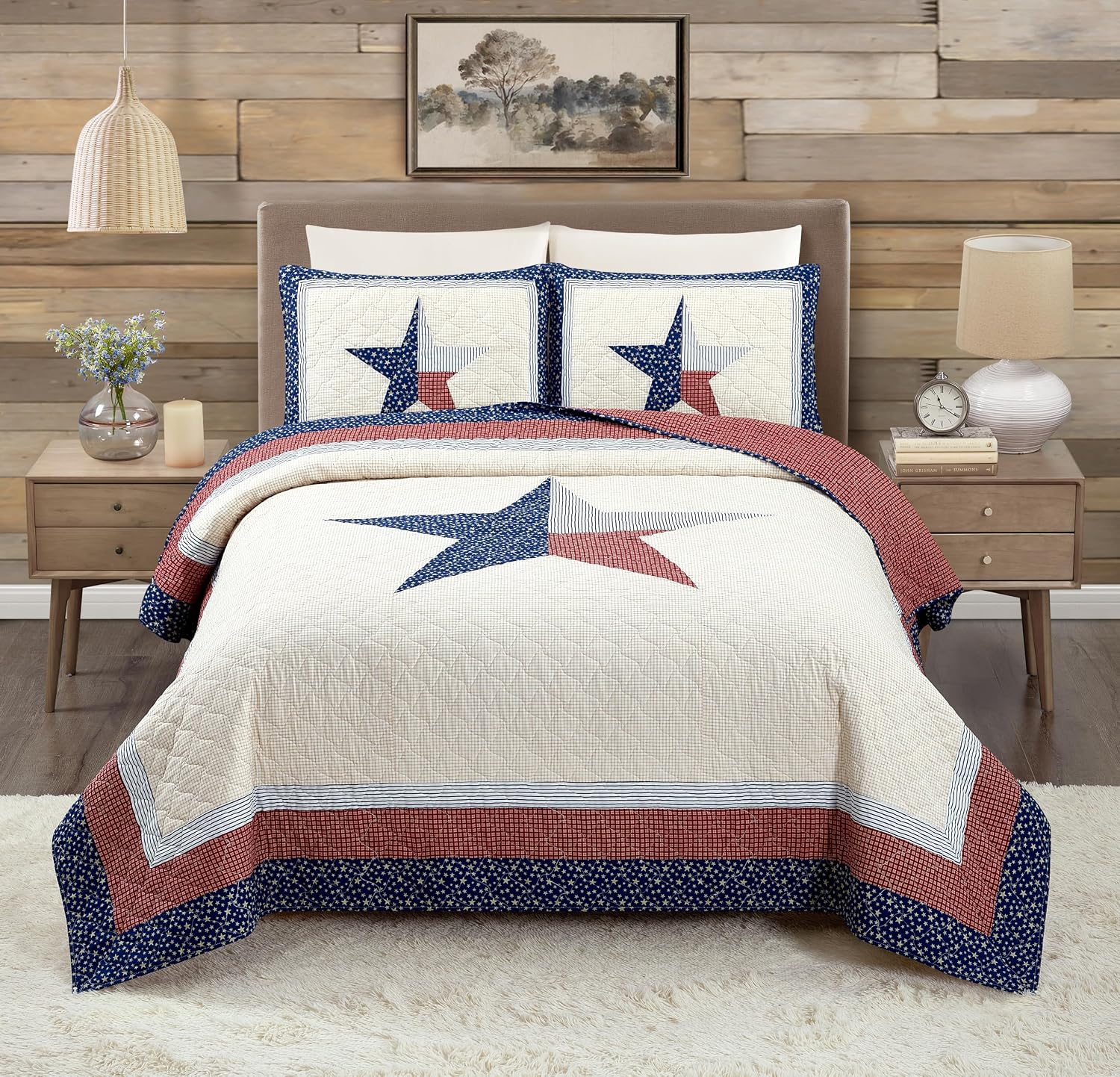 Lone Star 3-Piece 100% Cotton Quilt and Pillow Sham Set, Americana Vintage-Inspired Coverlet Quilt Set - King Size, Red/Blue/Cream