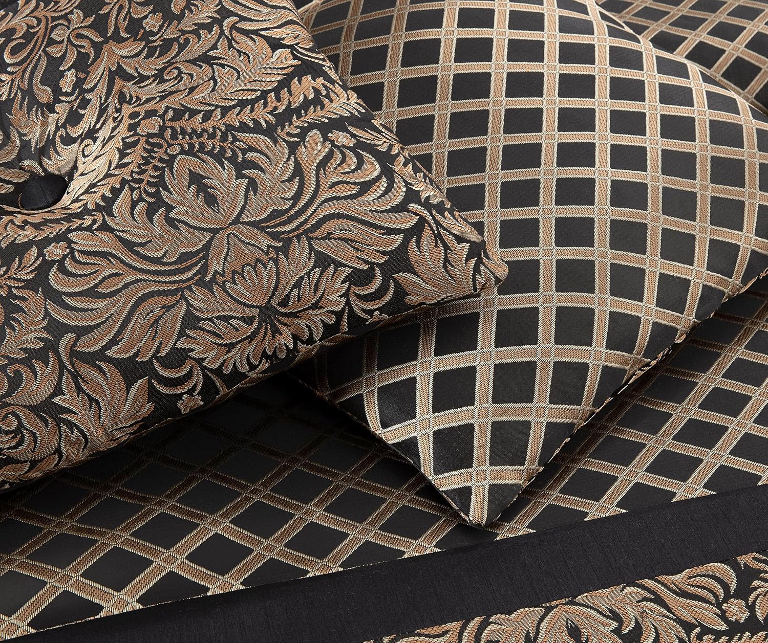 Chezmoi Collection 7-Piece Black/Gold Diamond Floral Medallion Jacquard Woven Comforter Set, Oversized King