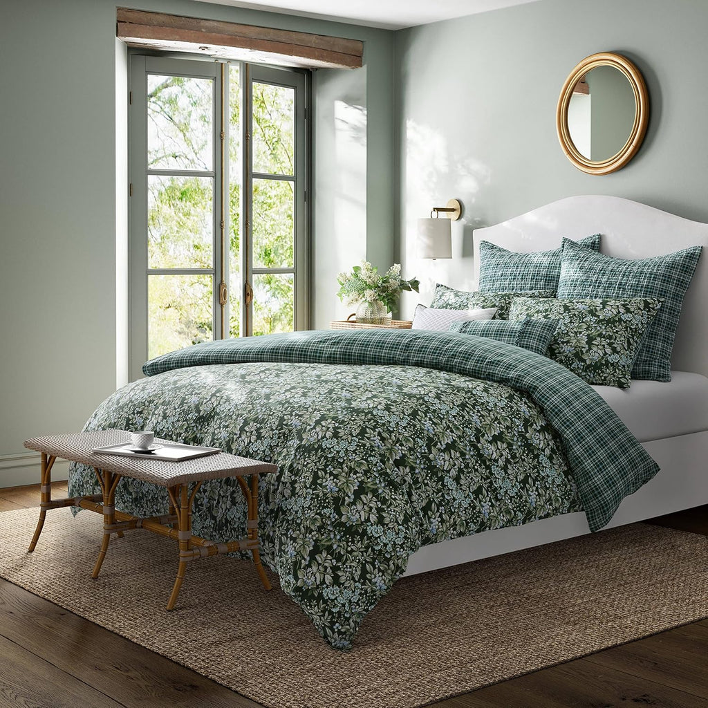 Laura Ashley - King Comforter Set, Soft & Reversible Cotton Bedding, Medium Weight 7 Piece Bed Set with Matching Pillowcases, Euro Shams & Bonus Throw Pillow Covers (Bramble Floral Green)