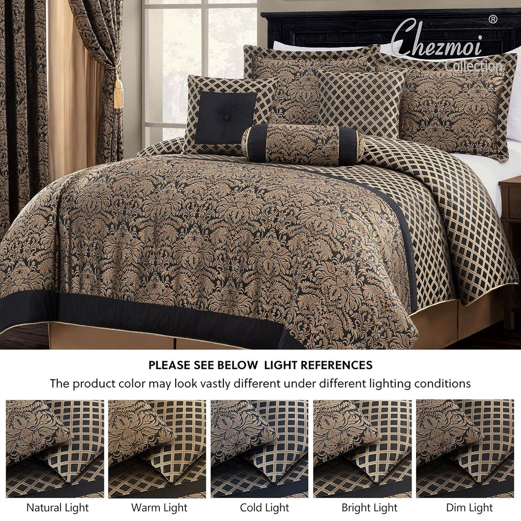 Chezmoi Collection 7-Piece Black/Gold Diamond Floral Medallion Jacquard Woven Comforter Set, Oversized King