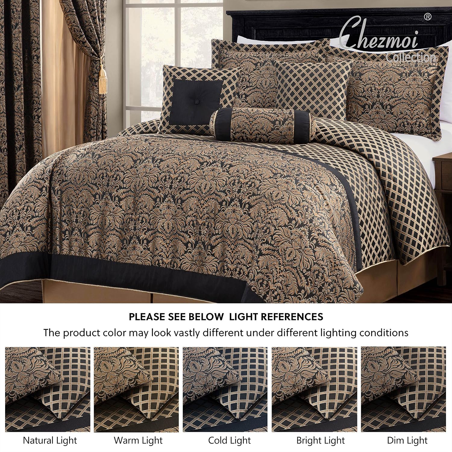 Chezmoi Collection 7-Piece Black/Gold Diamond Floral Medallion Jacquard Woven Comforter Set, Oversized King