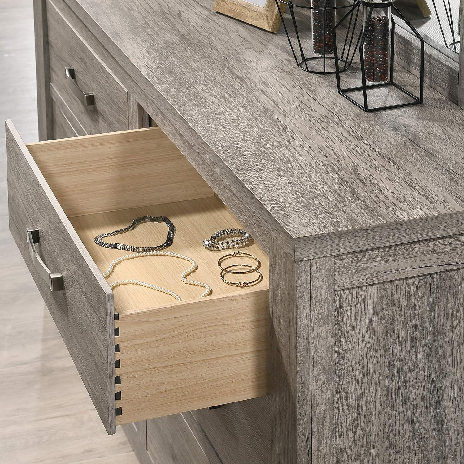 Floren Contemporary Weathered Gray Wood Bedroom Set, King Panel Bed, Dresser, Mirror, Nightstand