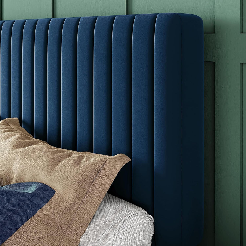 Allewie Queen Bed Frame, Velvet Upholstered Platform Bed with Adjustable Vertical Channel Tufted Headboard, Mattress Foundation with Strong Wooden Slats, Box Spring Optional, Easy Assembly, Navy Blue