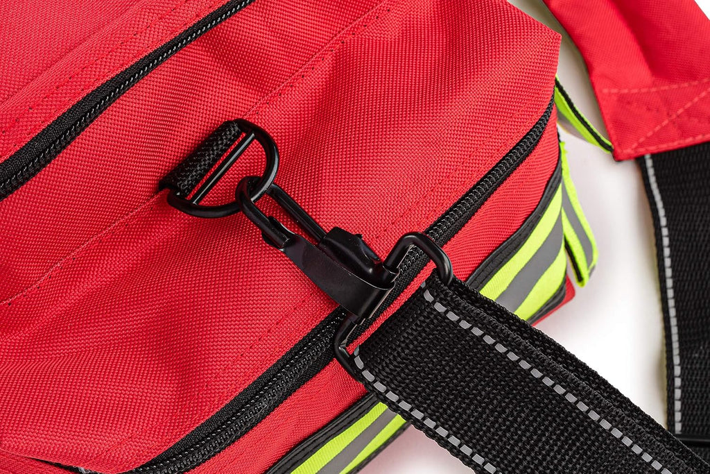 Scherber First Responder Fully-Stocked Professional Essentials EMT/EMS Trauma Kit | HSA/FSA Approved | Reflective Bag w/8 Zippered Pockets & Compartments & 200+ First Aid Supplies - Red