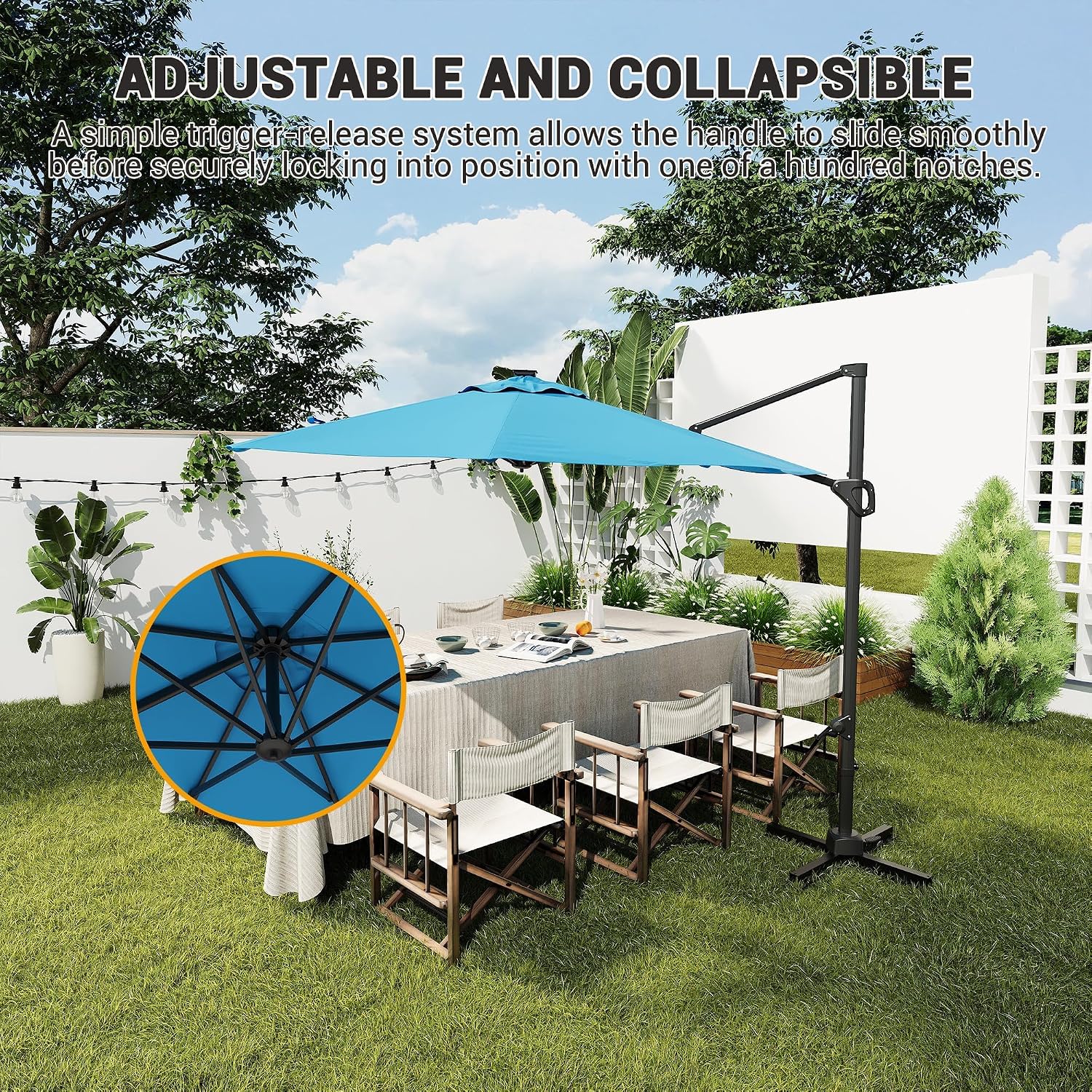 Takywep 10ft Cantilever Patio Umbrella, Outdoor Umbrella 360-degree Rotation, Solar-powered LED lights, Easy-Tilt Mechanism, for Decks, Poolside and Backyard Relaxation