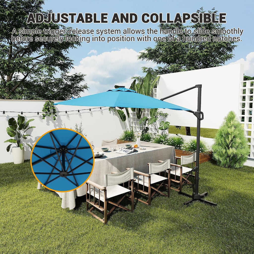 Takywep 10ft Cantilever Patio Umbrella, Outdoor Umbrella 360-degree Rotation, Solar-powered LED lights, Easy-Tilt Mechanism, for Decks, Poolside and Backyard Relaxation