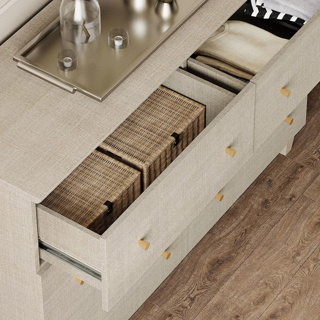 WAMPAT Dresser and Nightstands 3 Pieces, Wooden Dresser with 6 Drawers, Set of 2 Night Stands with Charging Stations, Bedroom Chest of Drawers and Wood Bedside Tables Set, Beige Linen Textured