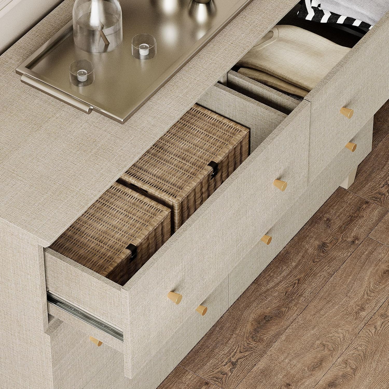 WAMPAT Dresser and Nightstands 3 Pieces, Wooden Dresser with 6 Drawers, Set of 2 Night Stands with Charging Stations, Bedroom Chest of Drawers and Wood Bedside Tables Set, Beige Linen Textured