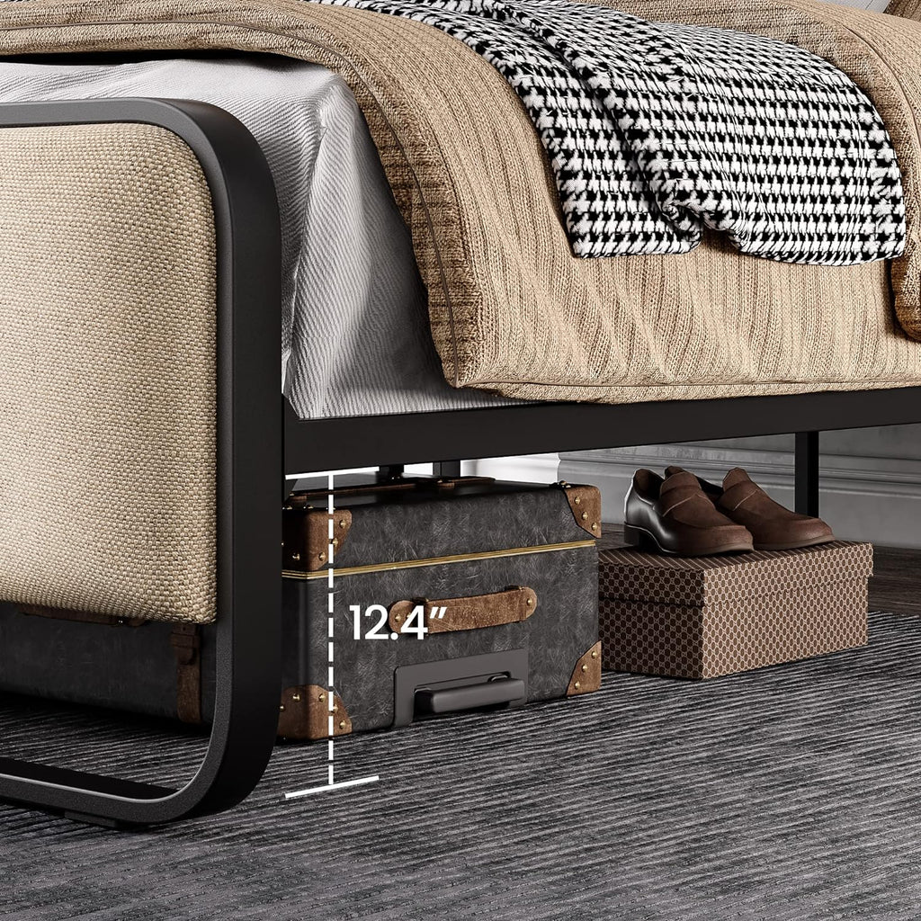 SHA CERLIN Full Size Platform Metal Bed Frame with Curved Upholstered Headboard and Footboard, Large Under Bed Storage, No Box Spring Needed, Modern, Beige