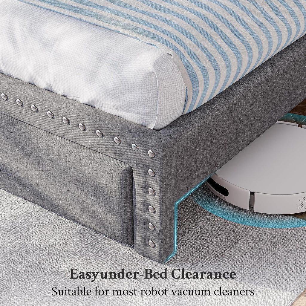 EnHomee Full Size Upholstered Bed Frame with 2 Storage Drawers and 2-Tier Headboard, Vertical Tufted Headboard Design, Extra Storage Space for Bedroom Apartment, Grey