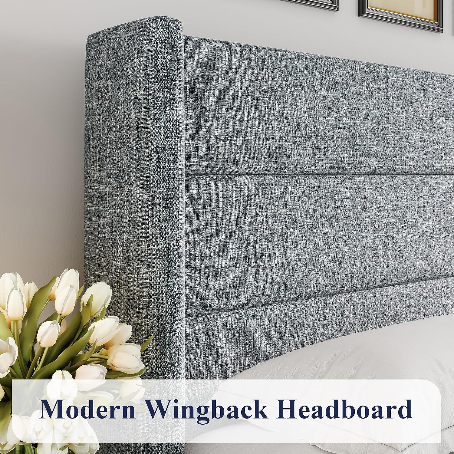 Allewie Queen Size Lift Up Storage Bed, Modern Wingback Headboard, Hydraulic Support, No Box Spring Needed, Grey Blue