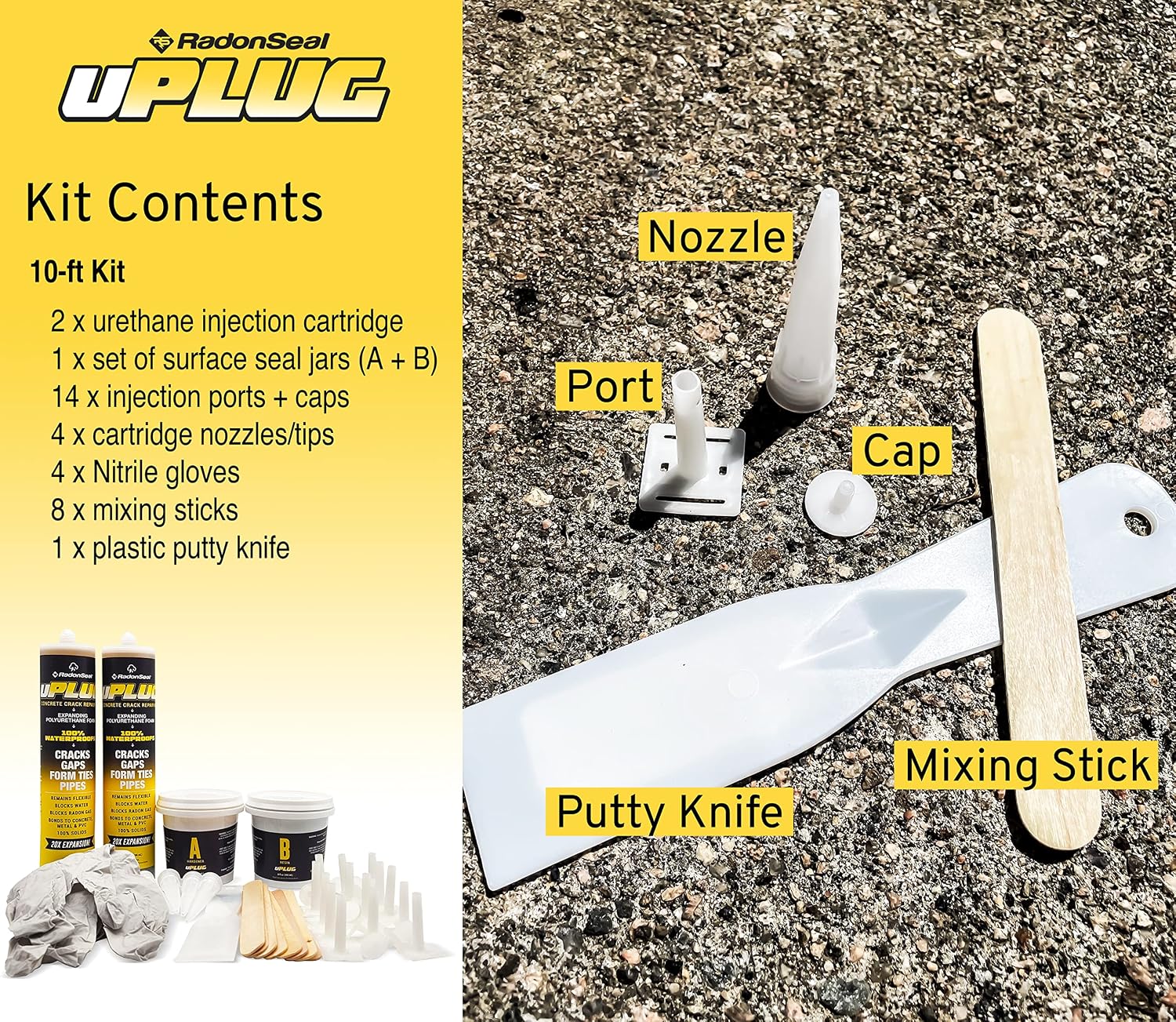 uPlug Foundation Crack Repair Kit (10 ft) – Polyurethane Injection Foam for Leaking Basement Wall Cracks – Easy DIY, Expands to Seal Water Leaks