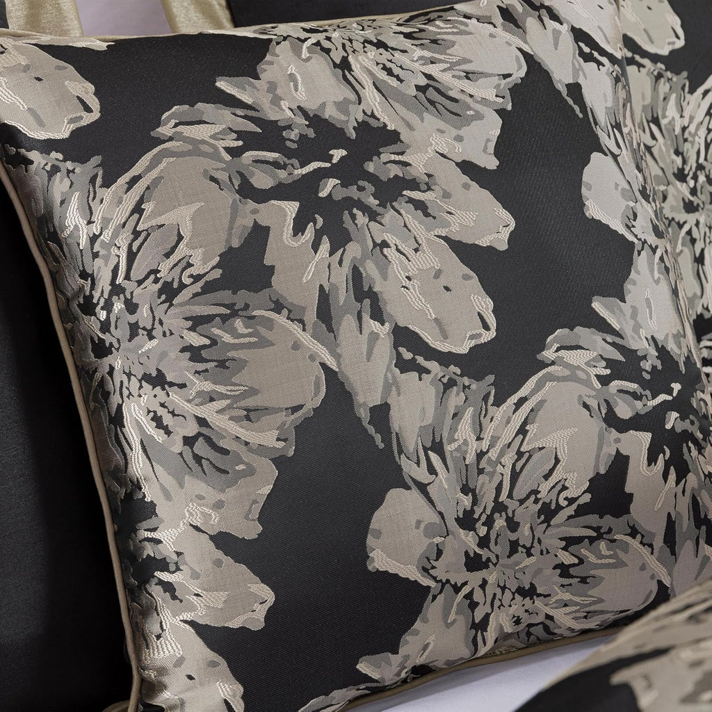 Chezmoi Collection Kelsey Comforter Set King Size, 7-Piece Black Gold Hibiscus Floral Jacquard Bedding Set