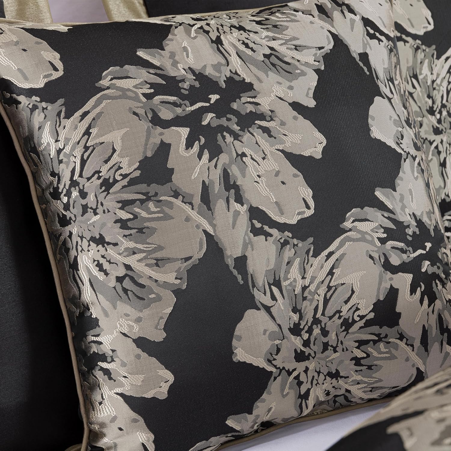 Chezmoi Collection Kelsey Comforter Set King Size, 7-Piece Black Gold Hibiscus Floral Jacquard Bedding Set