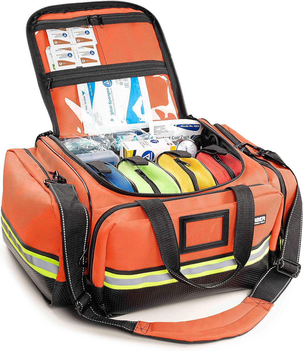 Scherber Fully-Stocked First Responder Professional Advanced EMT/EMS Trauma Kit | HSA/FSA Approved | Reflective Bag w/10+ Compartments, Zippered Pockets & 250+ First Aid Supplies (Orange)
