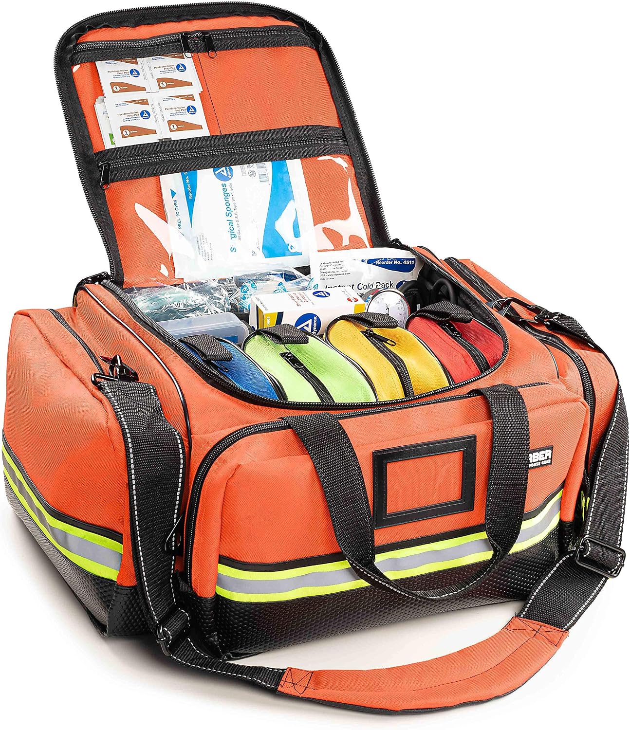 Scherber Fully-Stocked First Responder Professional Advanced EMT/EMS Trauma Kit | HSA/FSA Approved | Reflective Bag w/10+ Compartments, Zippered Pockets & 250+ First Aid Supplies (Orange)