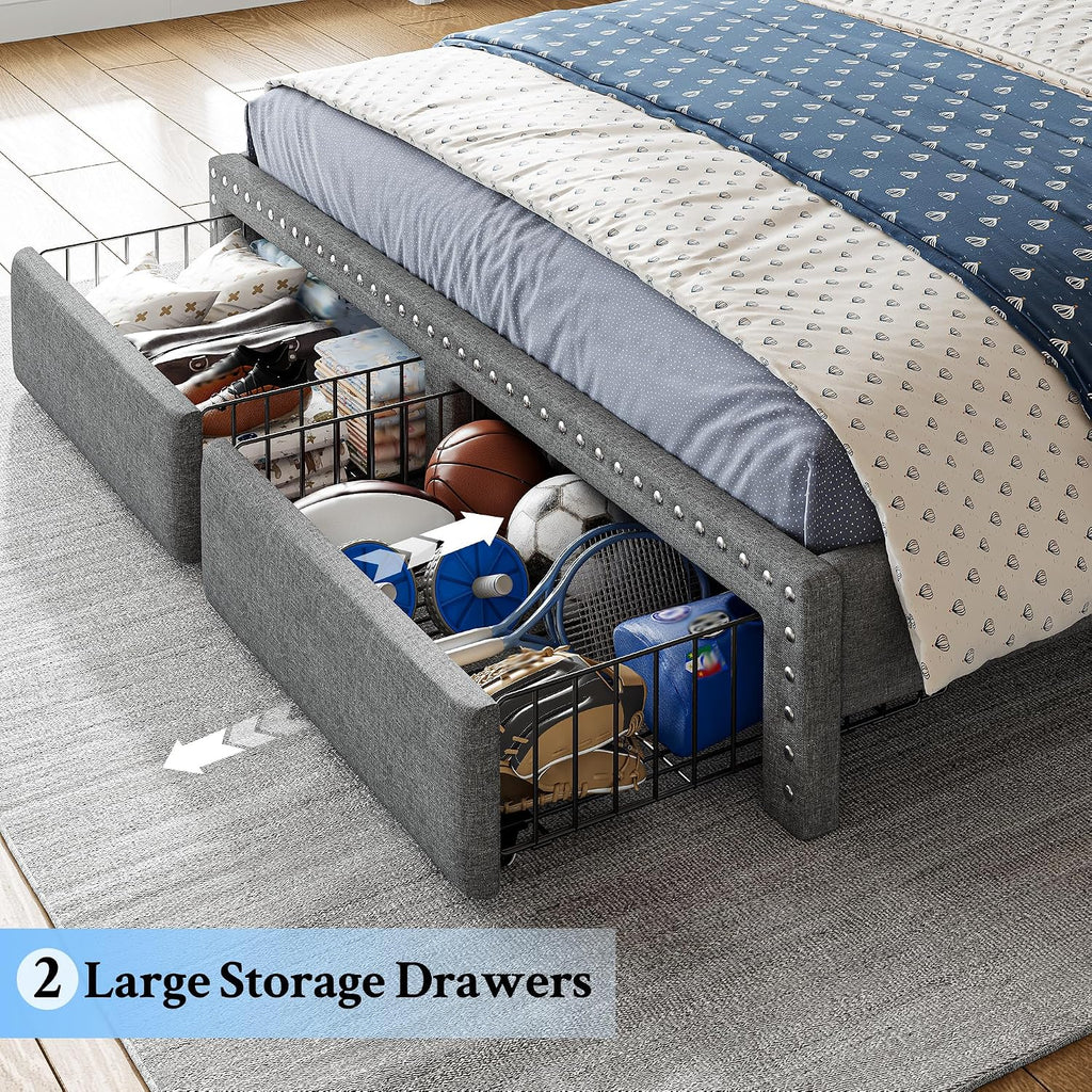 EnHomee Full Size Upholstered Bed Frame with 2 Storage Drawers and 2-Tier Headboard, Vertical Tufted Headboard Design, Extra Storage Space for Bedroom Apartment, Grey