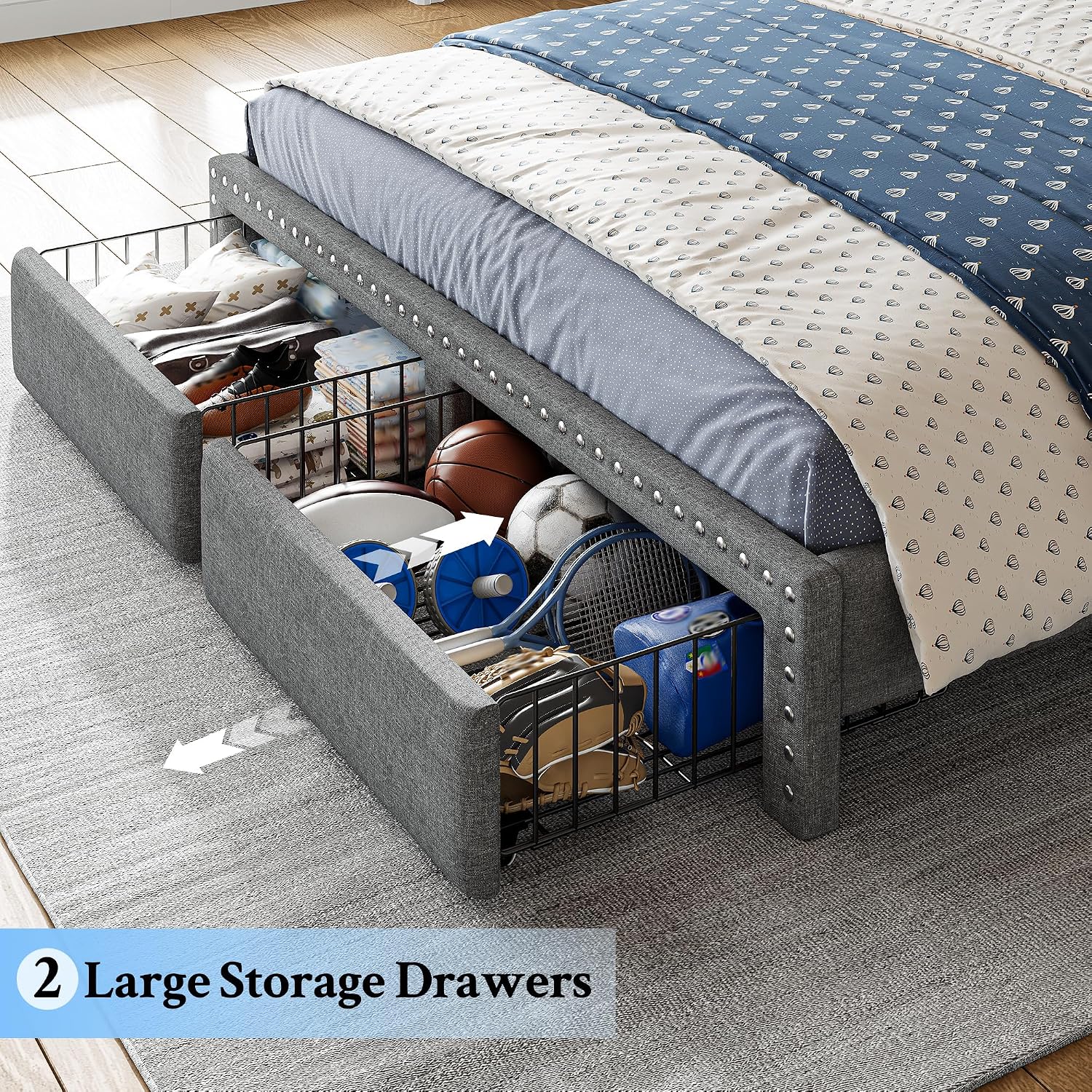 EnHomee Full Size Upholstered Bed Frame with 2 Storage Drawers and 2-Tier Headboard, Vertical Tufted Headboard Design, Extra Storage Space for Bedroom Apartment, Grey