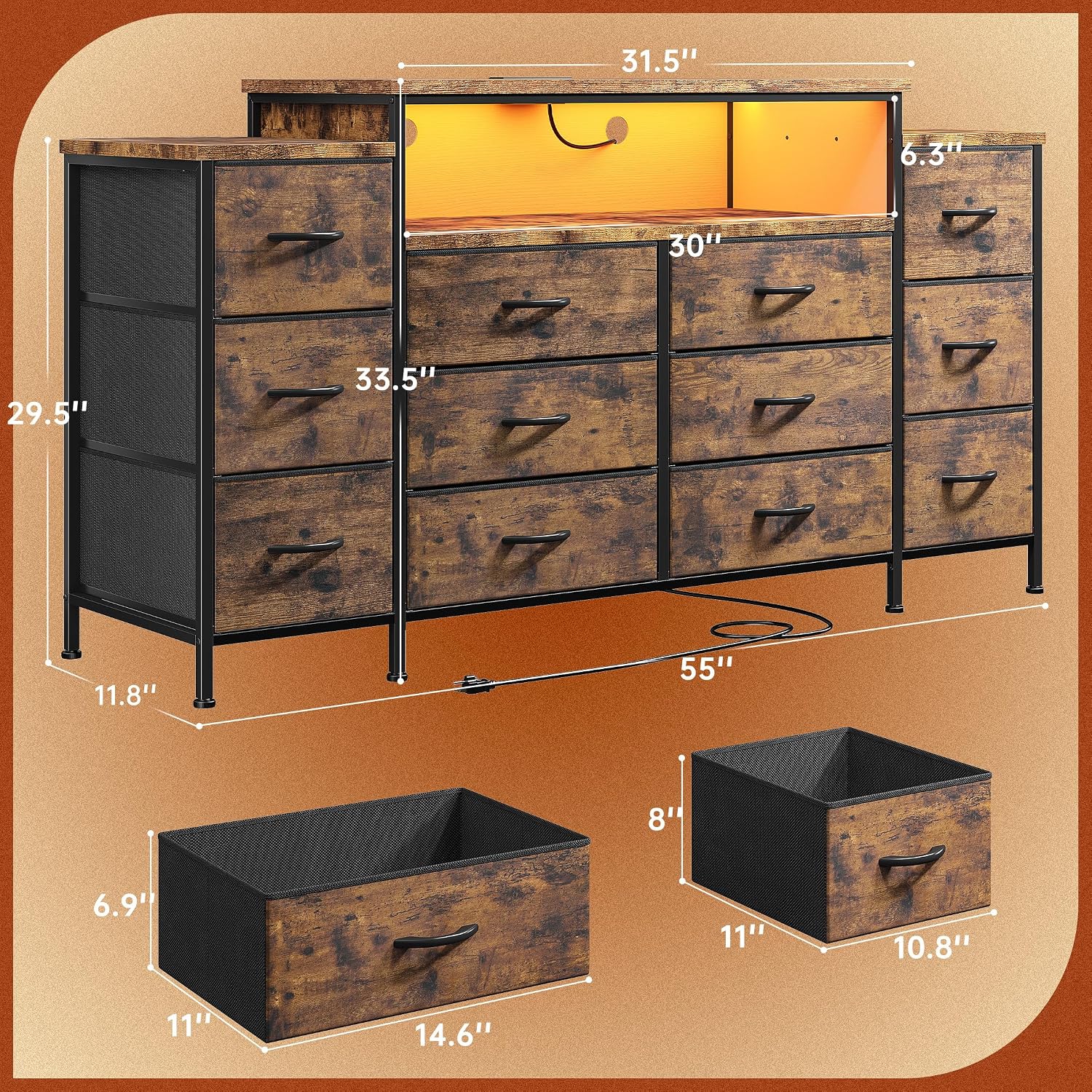 EnHomee 55' W Dresser for Bedroom with LED Lights & Charging Station 12 Drawer Dressers & Chests of Drawers Dresser TV Stand for Bedroom for Hanging 65' TV, Metal Frame & Fabric Drawers, Rustic Brown