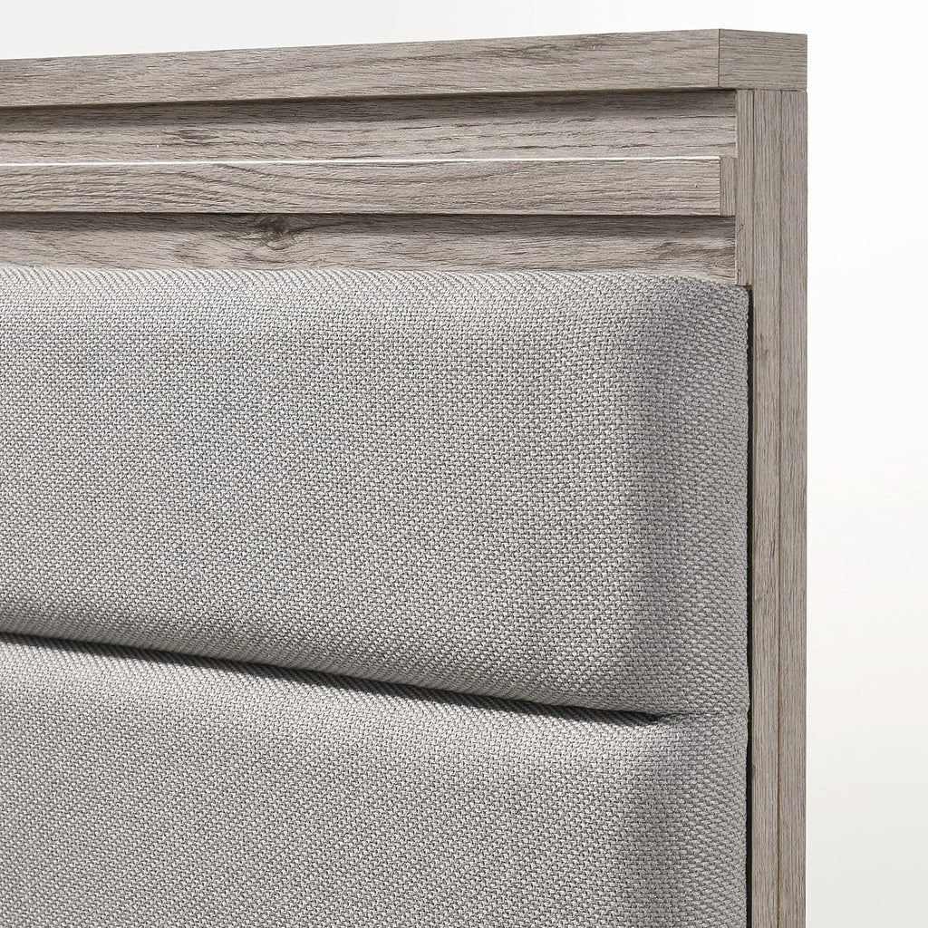 Roundhill Furniture Alvear Upholstered Wood Panel Bed, Dresser, Mirror, 2 Nightstands, and Chest, King, Weathered Gray