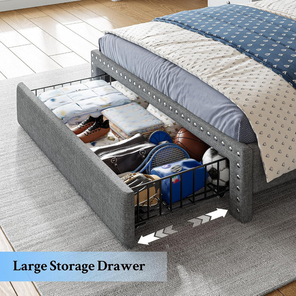 EnHomee Twin Fabric Upholstered Bed Frame with 2-Tier Vertical Channel Tufted Headboard and 2 Storage Drawers, Extra Storage Space for Bedroom Apartment,Grey