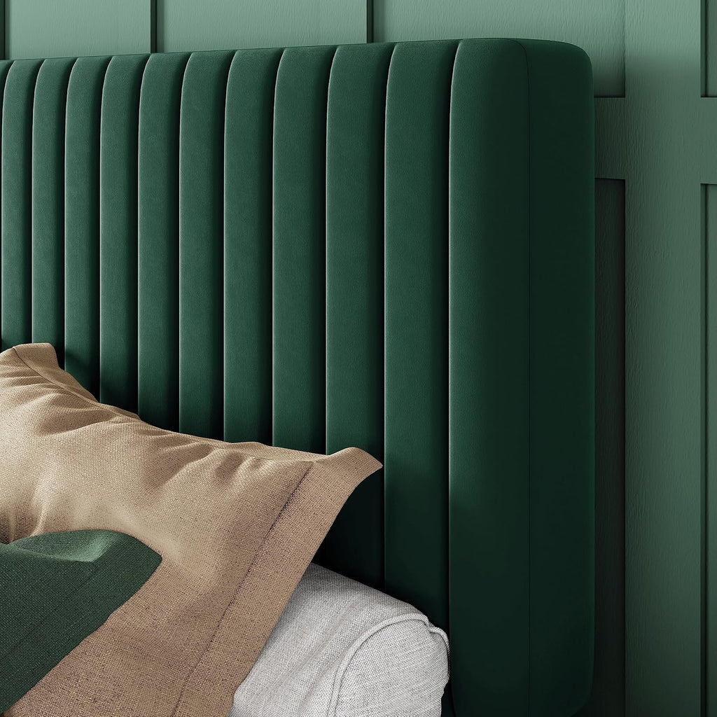 Allewie Queen Bed Frame, Velvet Upholstered Platform Bed with Adjustable Vertical Channel Tufted Headboard, Mattress Foundation with Strong Wooden Slats, Box Spring Optional, Easy Assembly, Green