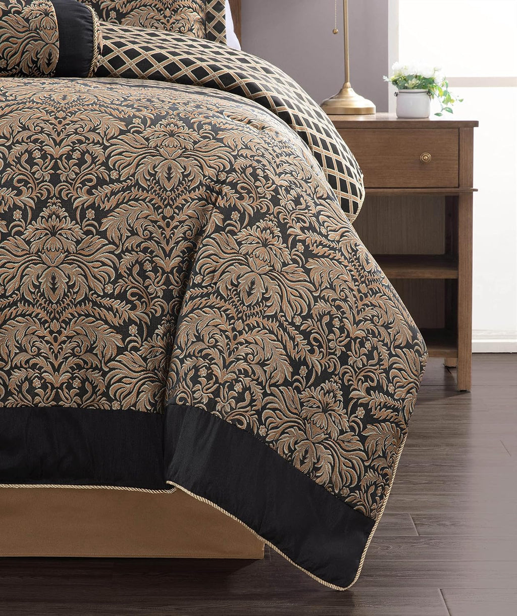 Chezmoi Collection 7-Piece Black/Gold Diamond Floral Medallion Jacquard Woven Comforter Set, King