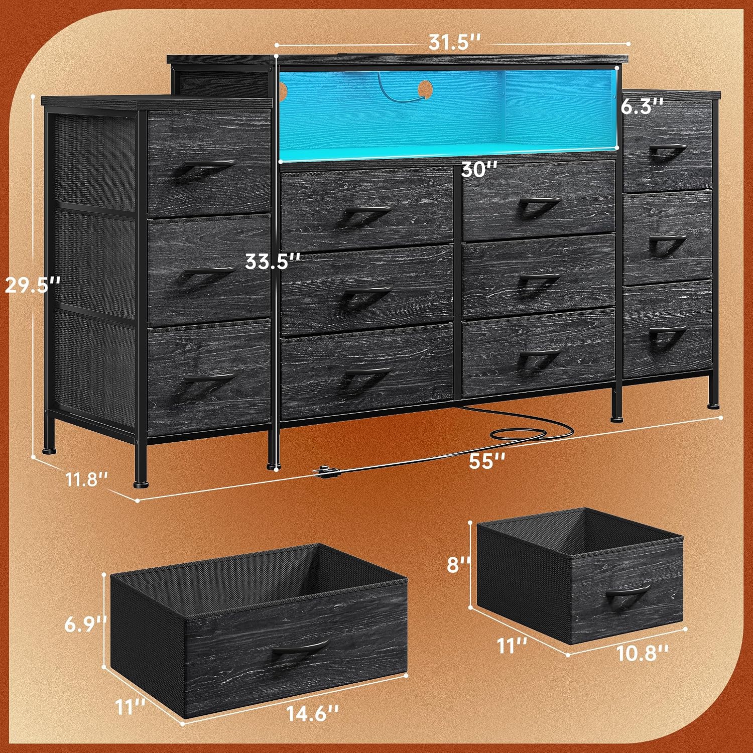 EnHomee 55' W Dresser for Bedroom with LED Lights & Charging Station 12 Drawer Dressers & Chests of Drawers Dresser TV Stand for Bedroom for Hanging 65' TV, Metal Frame & Fabric Drawers, Black