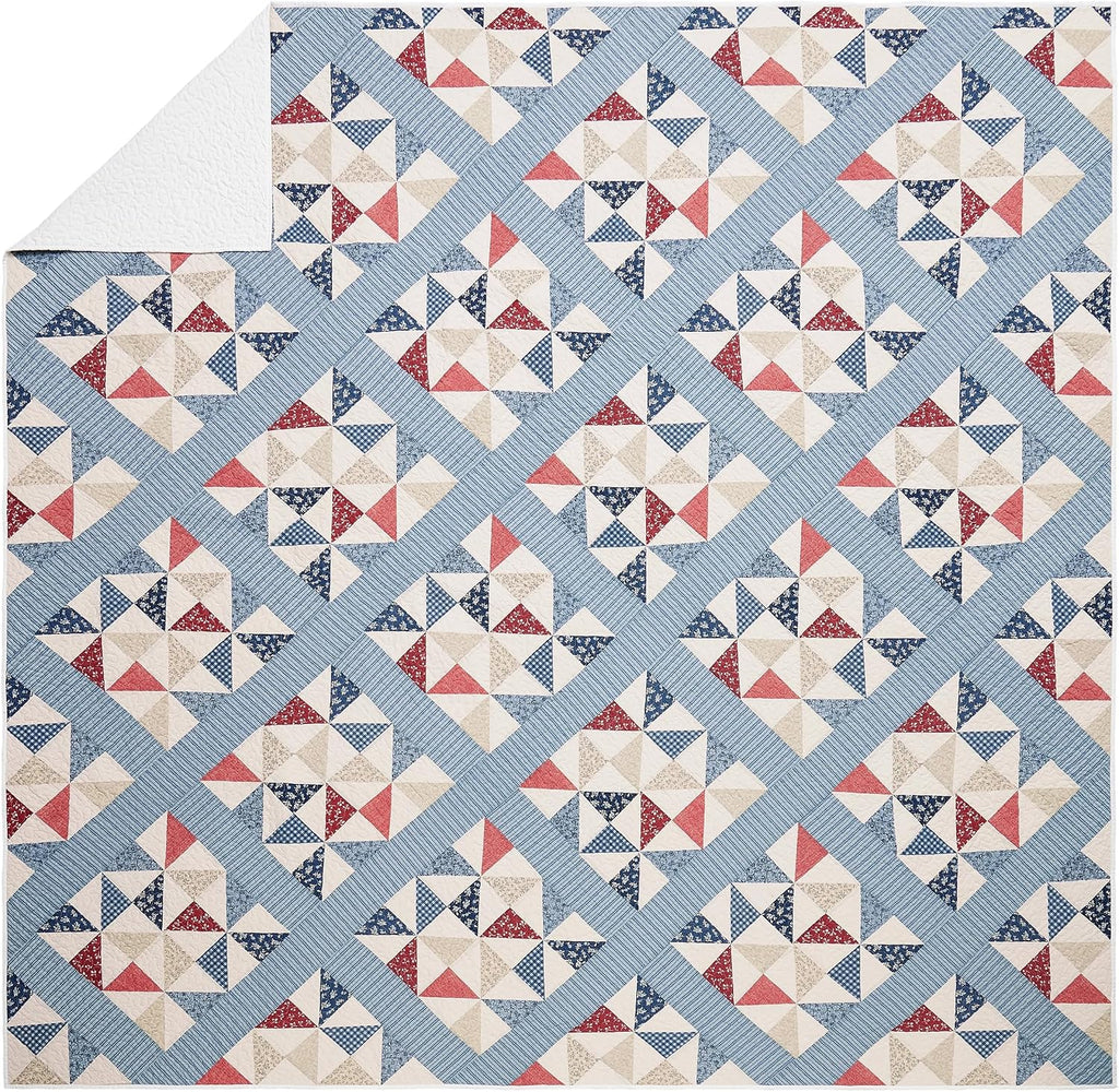 Modern Heirloom Americana Heartland Quilt Set, Full/Queen | Pieced Sashing with Printed Star & Pinwheel Blocks| Red, White, and Blue| Cotton Face and Fill| 3-Piece